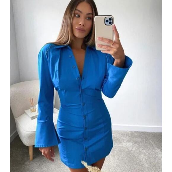 ZARA Blue Button-Down Mini Shirt Dress
Sz XL Long Sleeve Collar Blogger Favorite - Picture 1 of 10
